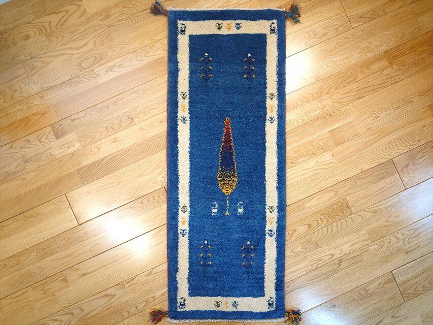 ペルシャ ギャッベ ミニランナー ラグ 120x44㎝ 青色 糸杉