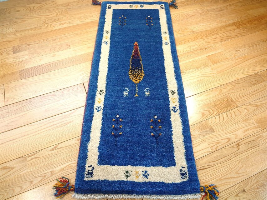 ペルシャ ギャッベ ミニランナー ラグ 120x44㎝ 青色 糸杉