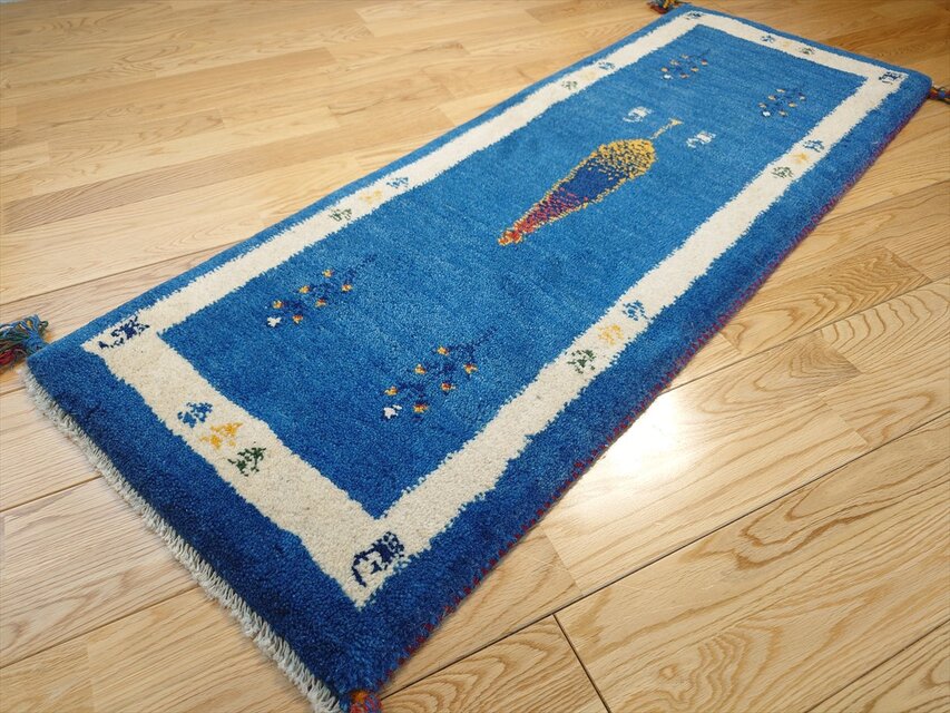 ペルシャ ギャッベ ミニランナー ラグ 120x44㎝ 青色 糸杉