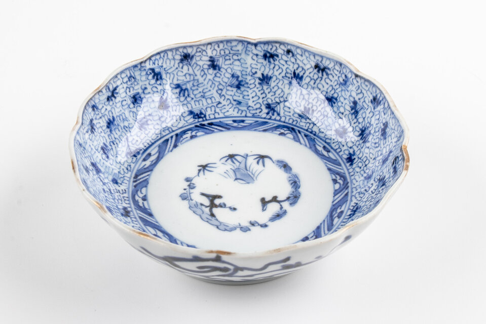 古伊万里 染付 微塵唐草三友文なます皿 江戸後期