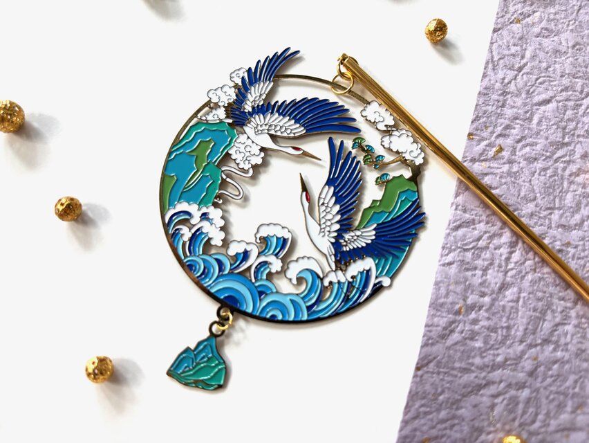 かんざし　青い鶴と波のフィグリー　一本簪　一本挿し　夏秋　大きめ　ゴールド　涼しげ　海　ブルー　水色　鳥　アジアン