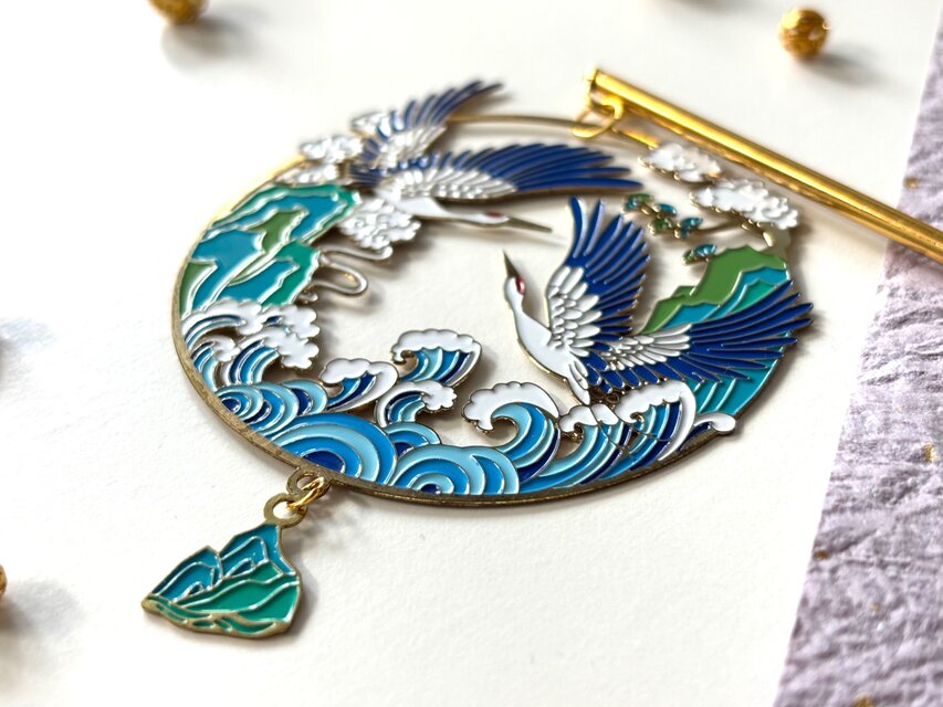 簪中录纪念画册 かんざし 青い鶴と波のフィグリー 一本簪 一本挿し 夏秋 大きめ