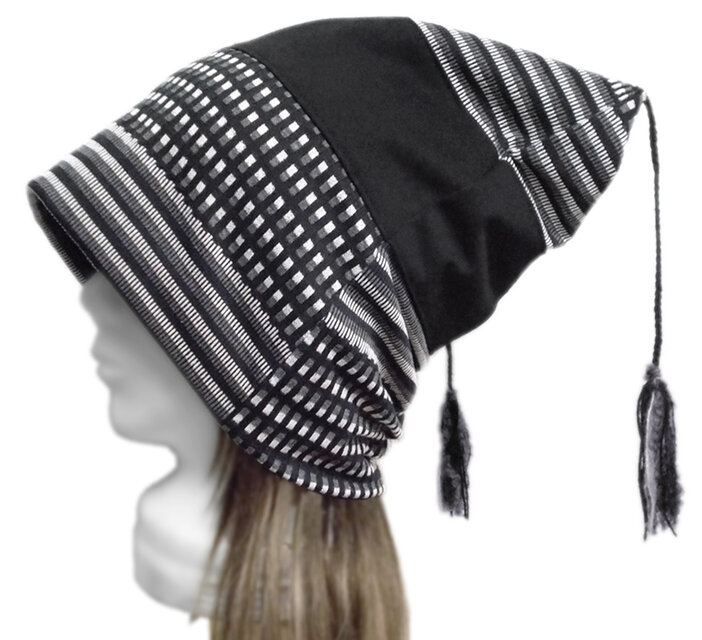 スクエアワッチキャップ◆変りボーダーmix ジャガード織コットンニット／ブラック系　◇ゆったりサイズ・小顔効果・オールシーズン◇