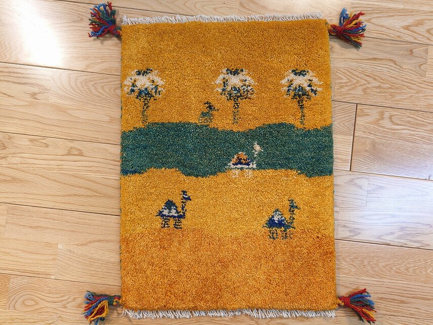 ペルシャ ギャッベ 玄関マット小 53x40cm 風景 ラクダ 夕陽 砂漠
