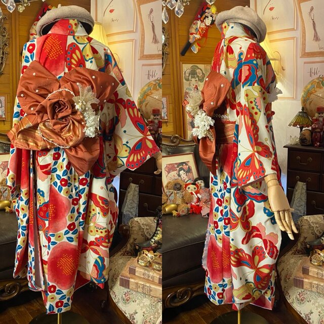 振袖 着物 ロングワンピース ドレス 2部式ローズ/バラ作り帯 リメイク