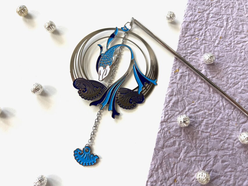 かんざし　青い魚と波模様のシルバーフィグリー　一本簪　一本挿し　夏　大きめ　ブルー　水色　アジアン