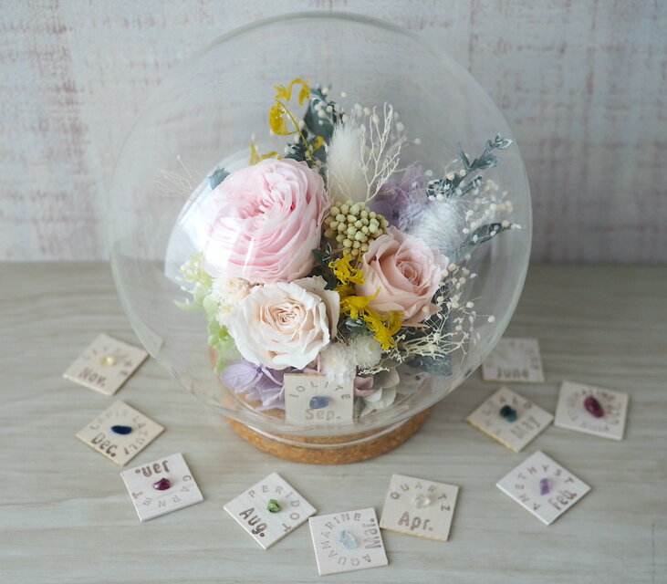 誕生月の天然石 バルーン型のガラスドーム -AntiqueRose-