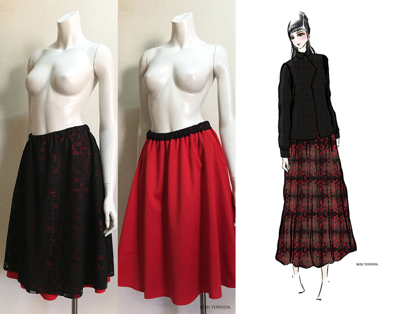 【1点もの・デザイン画付き】リバーシブル2枚重ねフレアースカート（KOJI TOYODA）