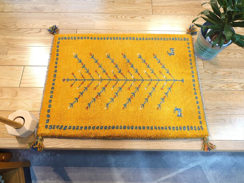ペルシャ ギャッベ 玄関マット ラグ 84x62cm 黄金色 生命の木 RJ7980