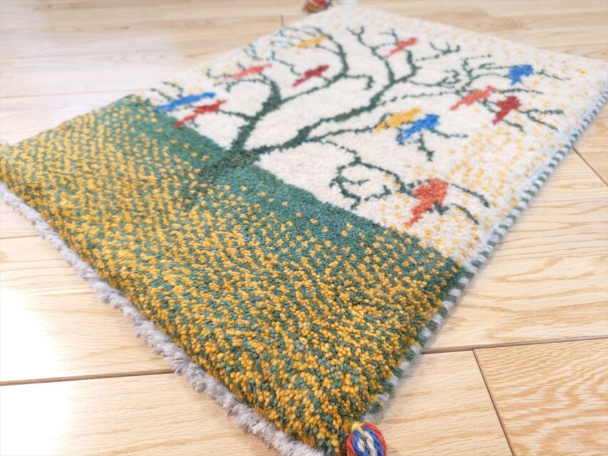 ペルシャ ギャッベ 玄関マット小 ラグ 58x42cm アイボリー 緑色