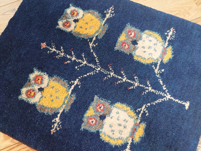 ペルシャ ギャッベ 玄関マット小 ラグ 56x45cm 紺色 フクロウ NN19979