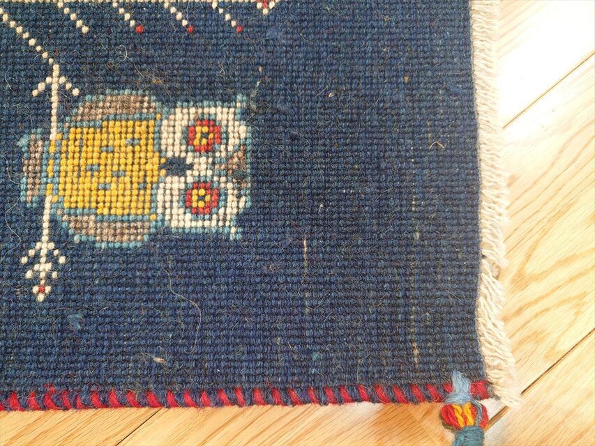ペルシャ ギャッベ 玄関マット小 ラグ 56x45cm 紺色 フクロウ NN19979