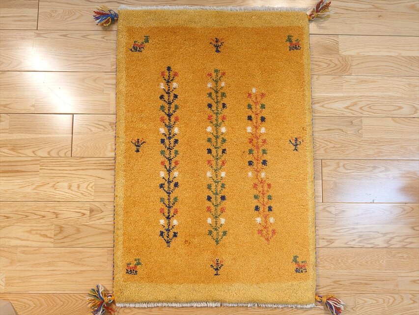 ペルシャ ギャッベ 玄関マット ラグ 88x60cm 黄金色 黄色 花