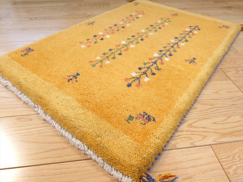 ペルシャ ギャッベ 玄関マット ラグ 88x60cm 黄金色 黄色 花