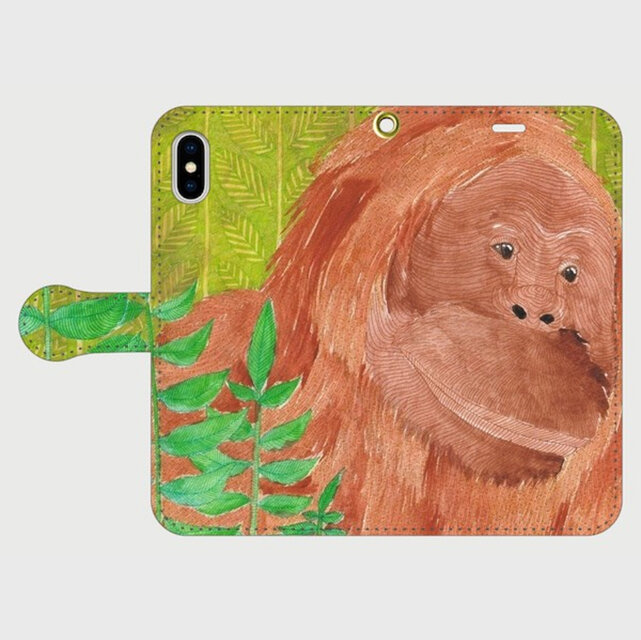 【オランウータン｜ホラミン｜帯あり手帳型iPhoneケース】森の仲間と笑顔のひととき