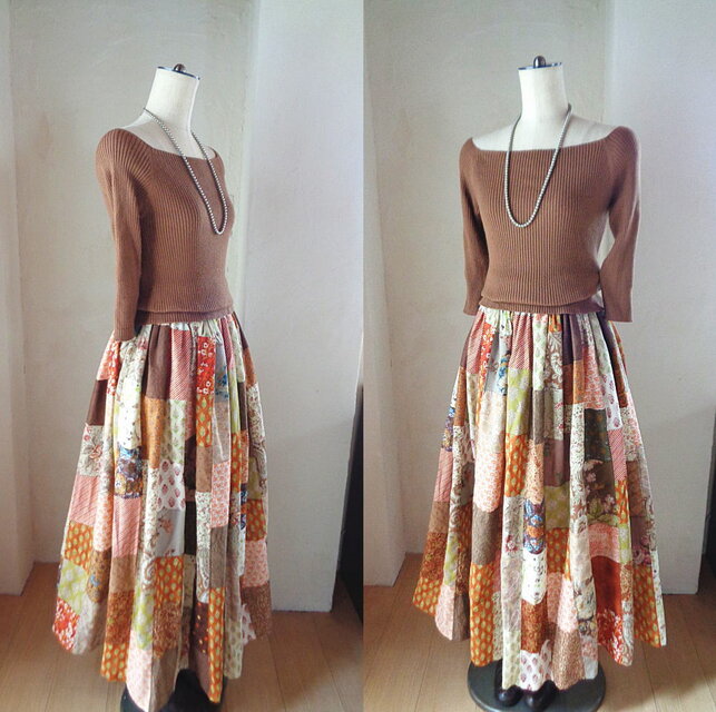 sold 絵画なパッチワーク♥夏の終わりのブラウン♥ボリュームギャザー