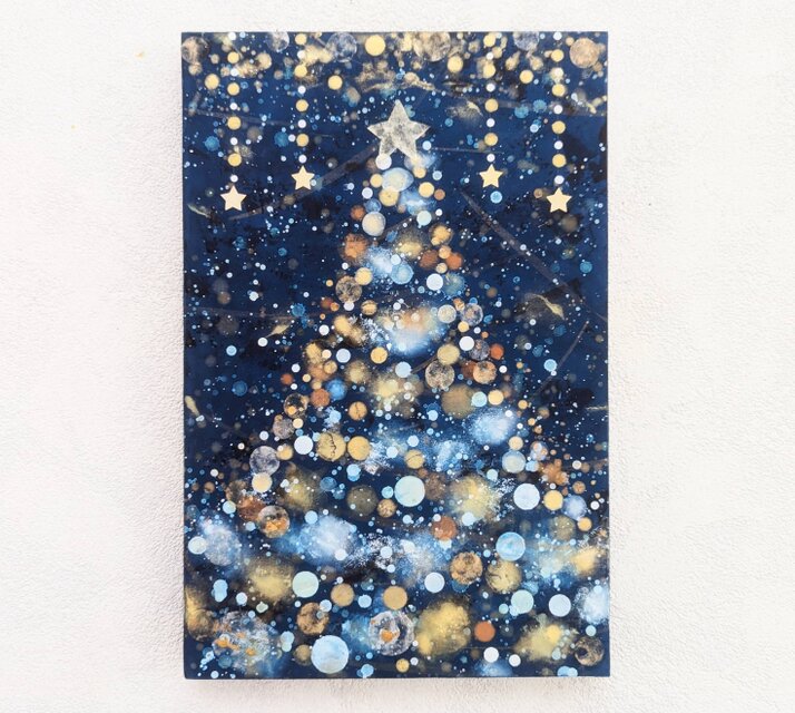 クリスマスツリー雪と星の夜P4号(アクリル原画)