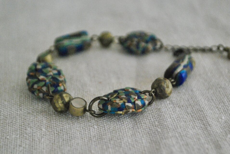 ブルー系ぶつぶつブレスレット ブルーG緑ベージュ