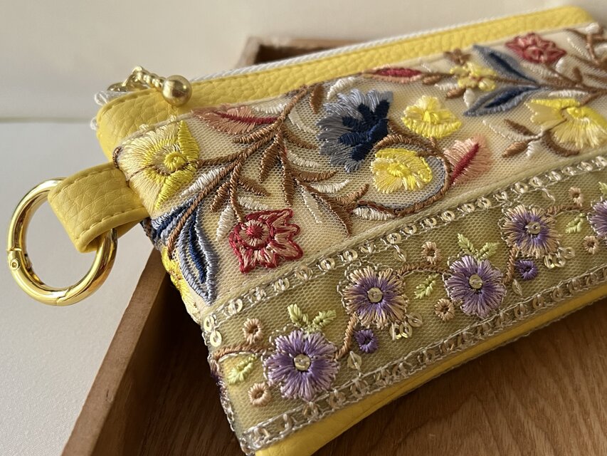 両面インド刺繍ポーチ 14cm フェイクレザー カラビナ⑧ | iichi 日々の