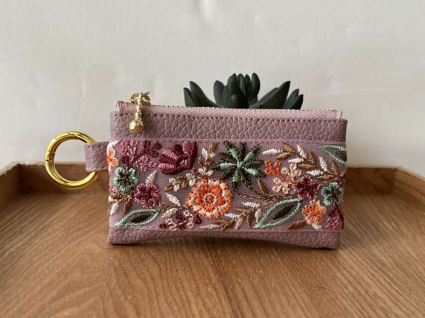両面インド刺繍ポーチ 10cm フェイクレザー カラビナ⑩ | iichi 日々の