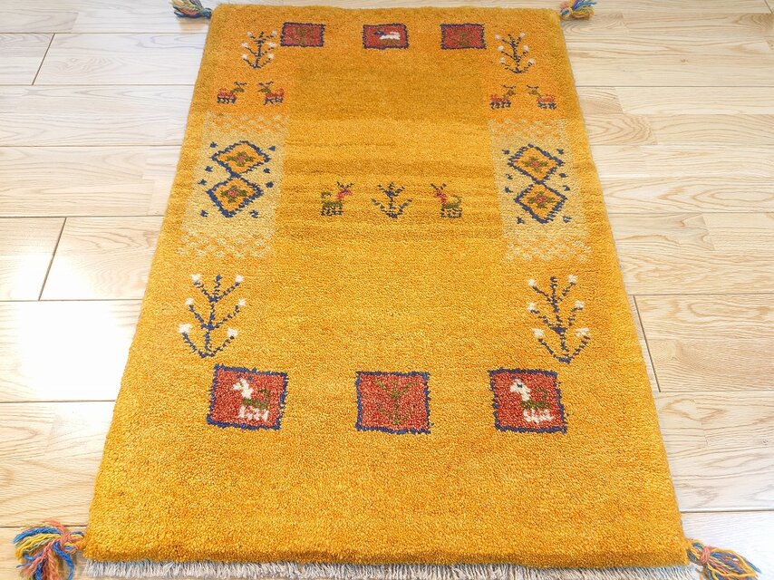 ペルシャ ギャッベ 玄関マット ラグ 90x60cm 黄金色 生命の木