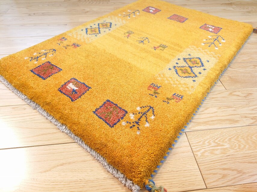 ペルシャ ギャッベ 玄関マット ラグ 90x60cm 黄金色 生命の木