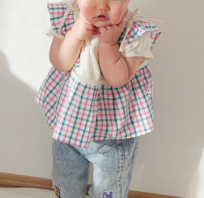 ベビー・子供服　チェックフリルTシャツ