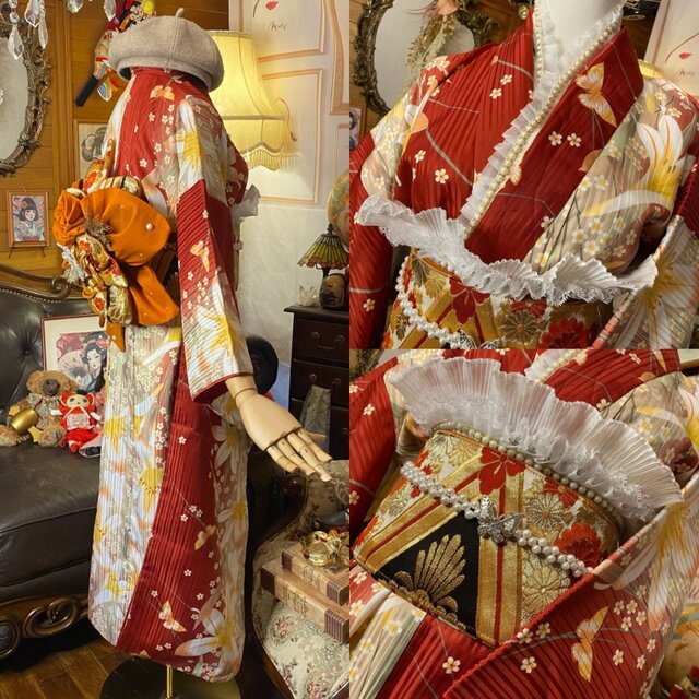 振袖 着物 ロングワンピース ドレス 2部式ローズ/バラ作り帯 リメイク