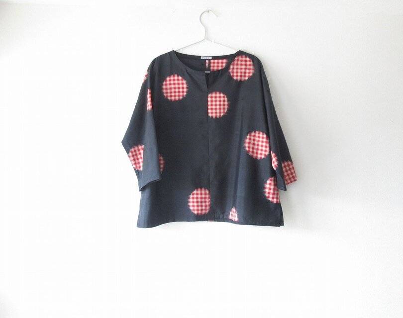 ☆シルク着物七分丈ブラウス☆丸い紅白♪/32kb046