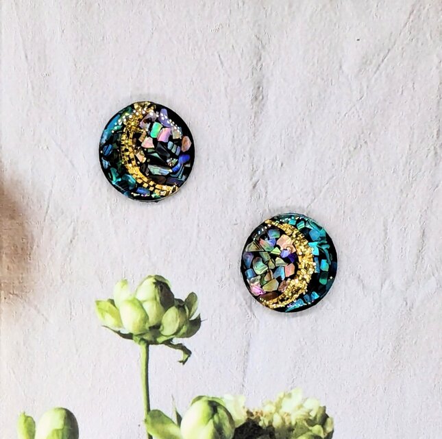 グリーン螺鈿金継ぎ風ラウンドピアスイヤリング2250マグネットのコピー