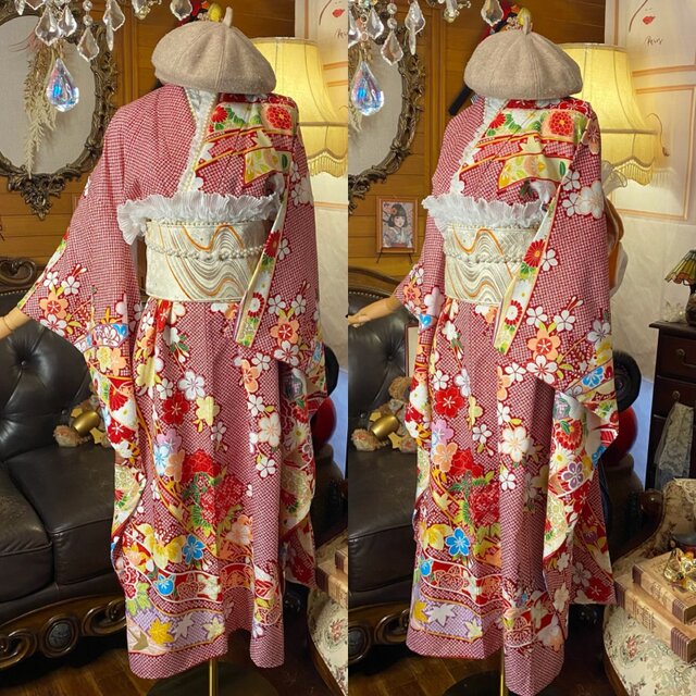 振袖 着物 ロングワンピース ドレス 2部式ローズ/バラ作り帯 リメイク