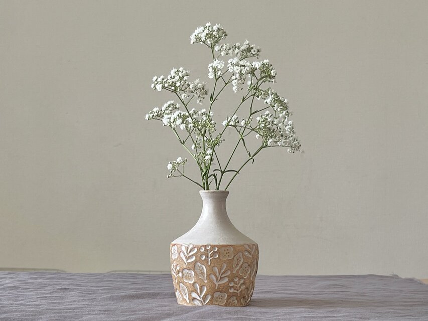 「陶器の花瓶　一輪挿し　北欧ナチュラル　印花模様　フラワーベース」