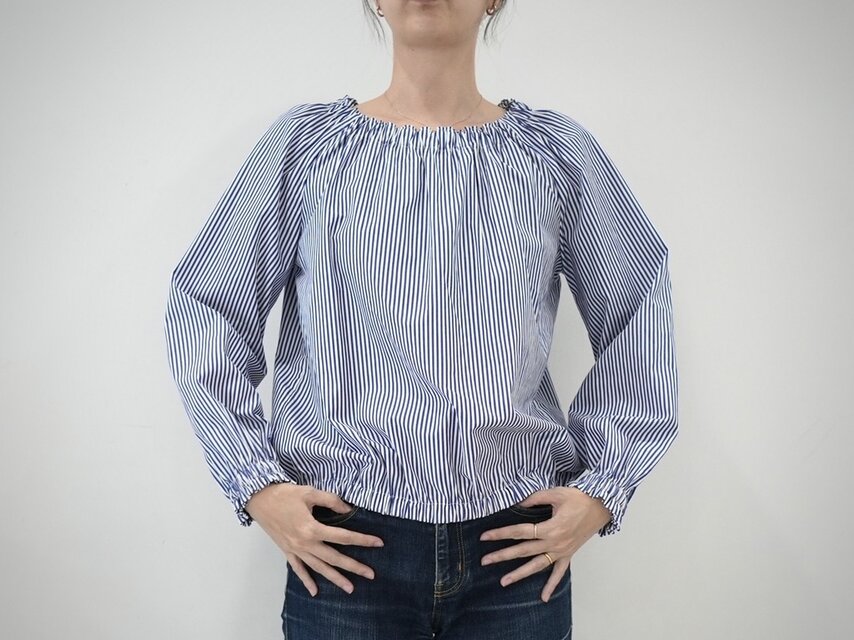 爽やかブルー×ホワイト❤︎コットン100% ブラウジング長袖ブラウス　No.366