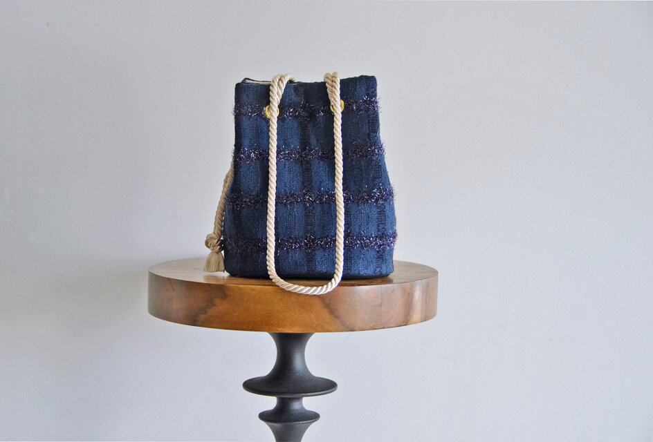 数量限定! ファンシーラメチェックツイード  2way ポシェットマリンバッグ　ネイビー　ミニショルダー　