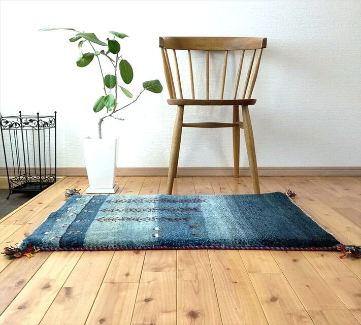 ペルシャギャッベ 玄関マット ブルー 絨毯 大特価40％OFF】ペルシャ ギャッベ 玄関マット 85×47cm ブルー