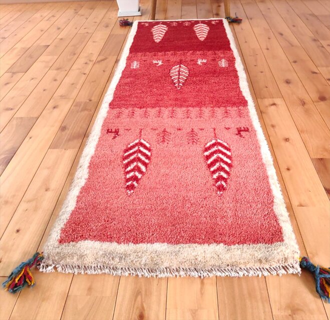 ペルシャ ギャッベ ランナー中 144×52㎝ 糸杉 桃色 茜色 ボルドー