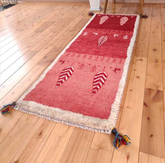 ペルシャ ギャッベ ランナー中 144×52㎝ 糸杉 桃色 茜色 ボルドー