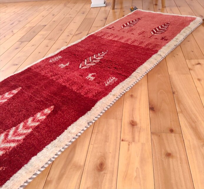 ペルシャ ギャッベ ランナー中 144×52㎝ 糸杉 桃色 茜色 ボルドー