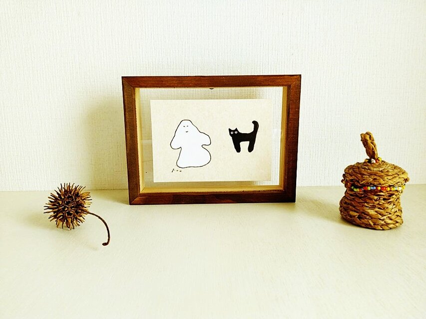 ハロウィン 置物｜原画 イラスト「おばけと黒猫」※額縁入り｜受注制作