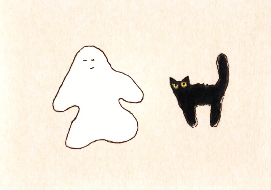ハロウィン置物】「おばけと黒猫」 ※木製額縁入り・イラスト・原画