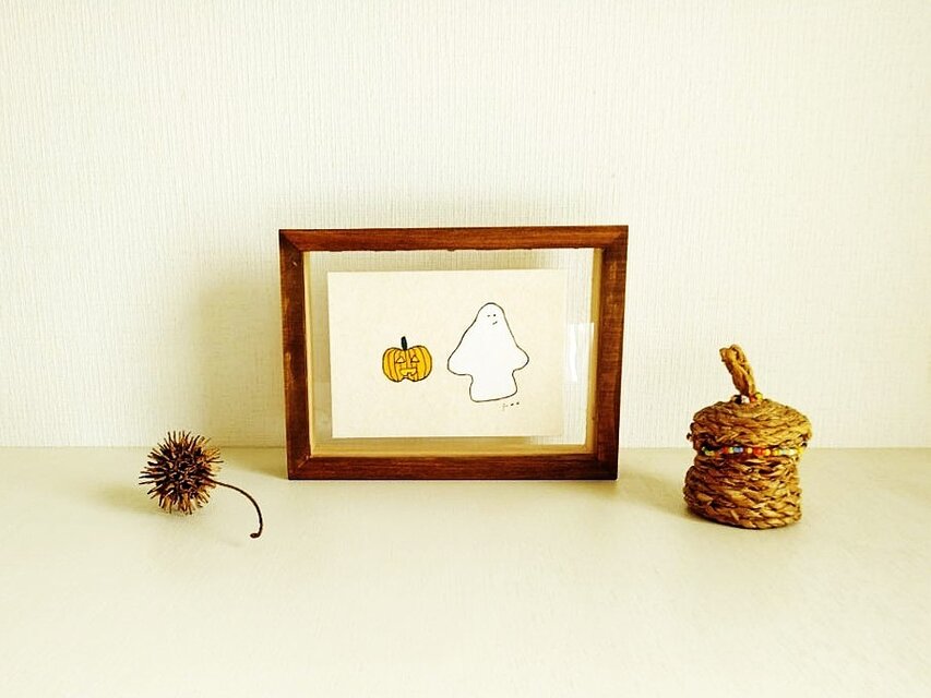 特集掲載＊ハロウィン 置物｜原画 イラスト「おばけとカボチャ」※額縁