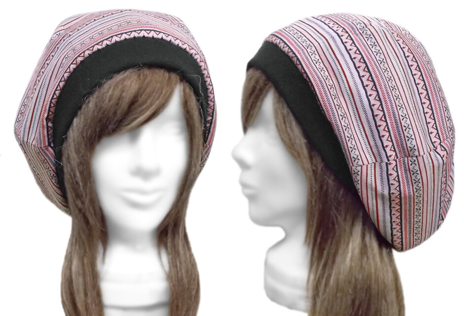 ゆったりルーズ・リブ付ベレー帽◆フォークロア調コットンニット／レッドmix　◇小顔効果・オールシーズン着用◇