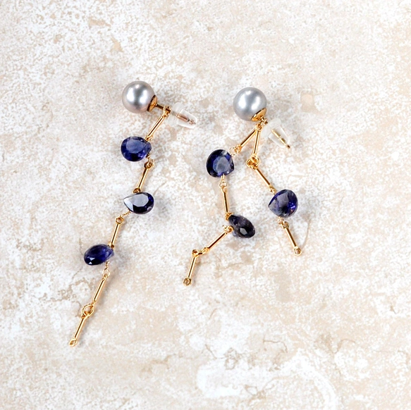 シルバー淡水パール&アイオライト アシンメトリー2WAYピアス14kgf