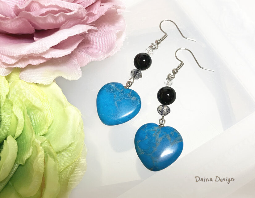 ブルー ジャスパー　オニキス　ピアス イヤリング　青 黒 ハート 大粒 天然石 ☆ ダイナデザイン ☆ シルバー カラー