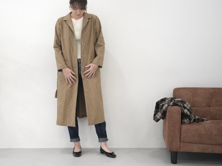 大人のための軽いナチュラルロングコート｜綿麻ウェザークロス｜カーキ