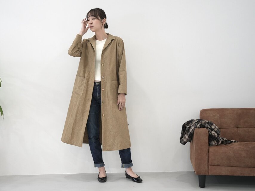 大人のための軽いナチュラルロングコート｜綿麻ウェザークロス｜カーキ