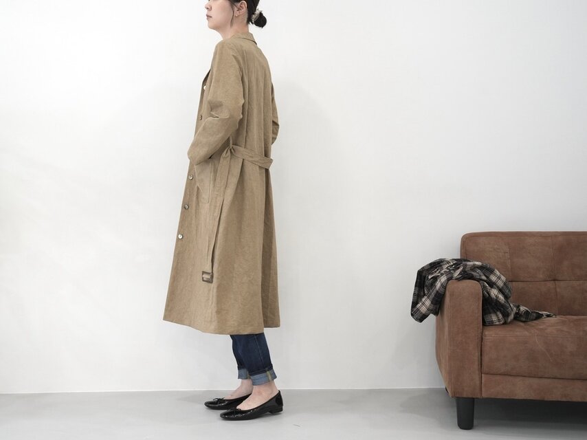 大人のための軽いナチュラルロングコート｜綿麻ウェザークロス｜カーキ