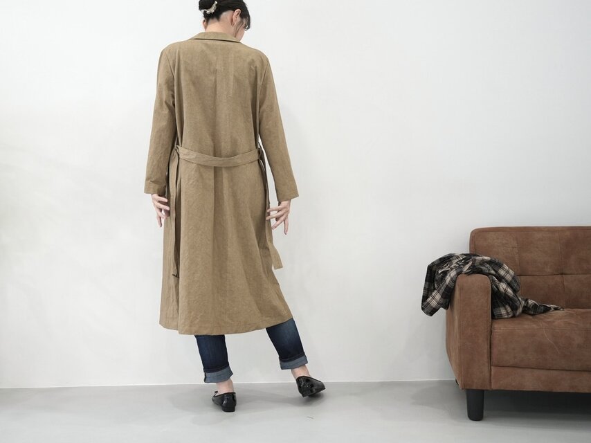 大人のための軽いナチュラルロングコート｜綿麻ウェザークロス｜カーキ