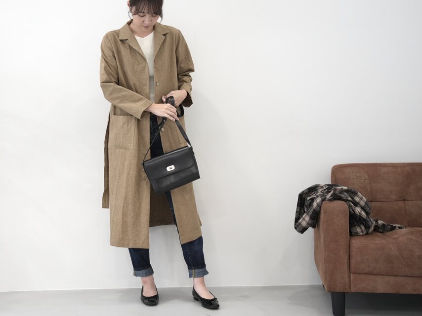 大人のための軽いナチュラルロングコート｜綿麻ウェザークロス｜カーキ