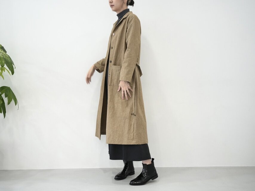 大人のための軽いナチュラルロングコート｜綿麻ウェザークロス｜カーキ